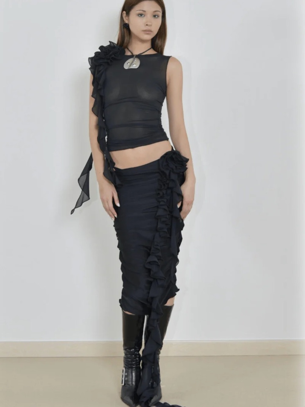 Fancí Club Asymmetric Black Ruffle Set - Sleek Statement Style